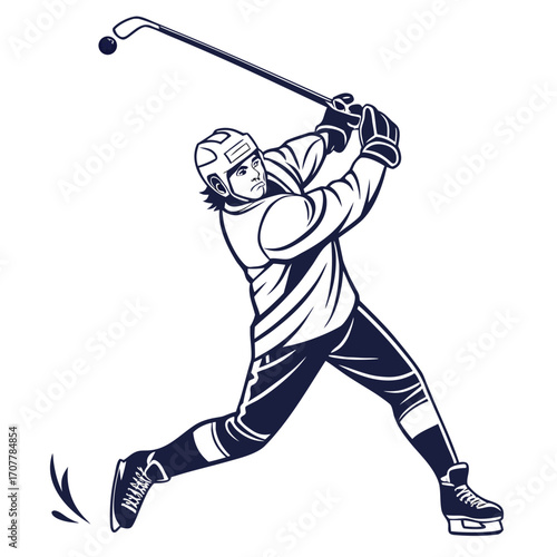 Silhouette of a hockey player swinging a stick at a puck ice hockey
