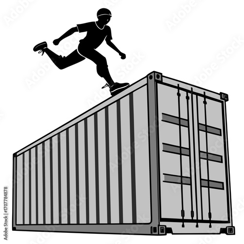 Silhouette of man in athletic clothing jumping over a shipping container parkour traceur