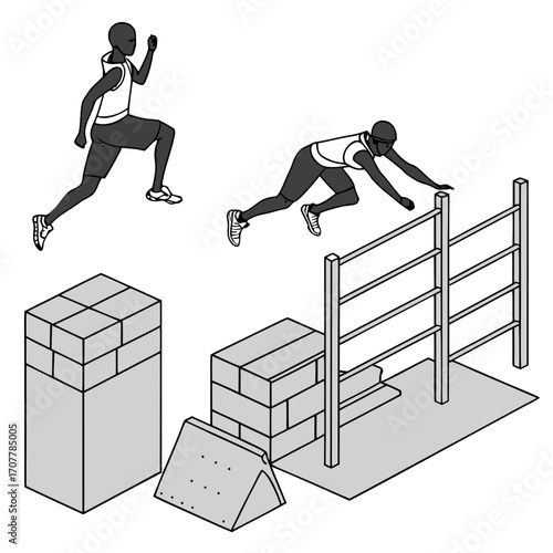 Two men performing an obstacle course with blocks hurdles and a ramp parkour training