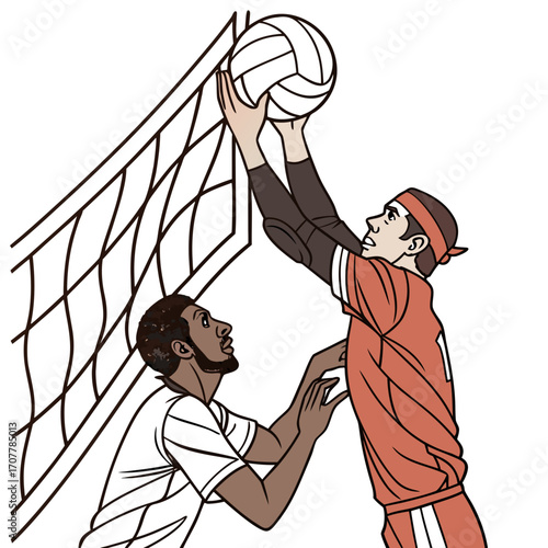 Volleyball players jumping and reaching for the ball over the net sport game