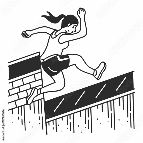 Woman athlete jumping over obstacle in a race with brick wall and wooden fence vector illustration