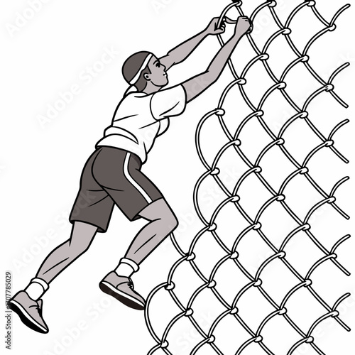 Woman climbing a chain-link fence in a line drawing with gray shading chain link female
