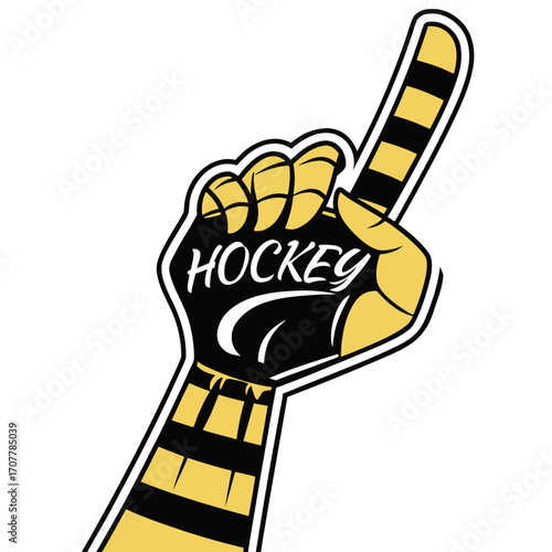 Yellow and black striped foam finger with HOCKEY text on white background hockey supporter