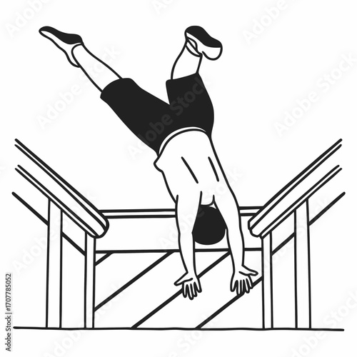 A single gymnast performing a handstand on a wooden beam with striped supports gymnastics sport