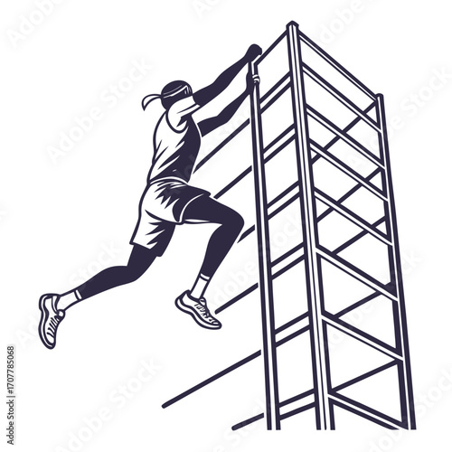 Athlete climbing a tall ladder structure in stylized line art obstacle course sport