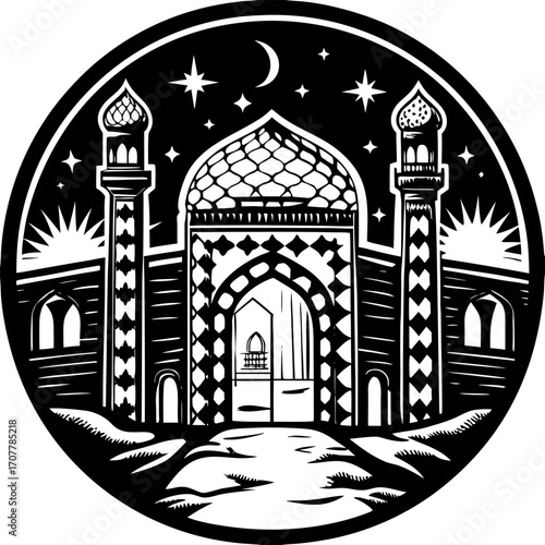 Grand mosque entrance under starry night sky with crescent moon architecture dome