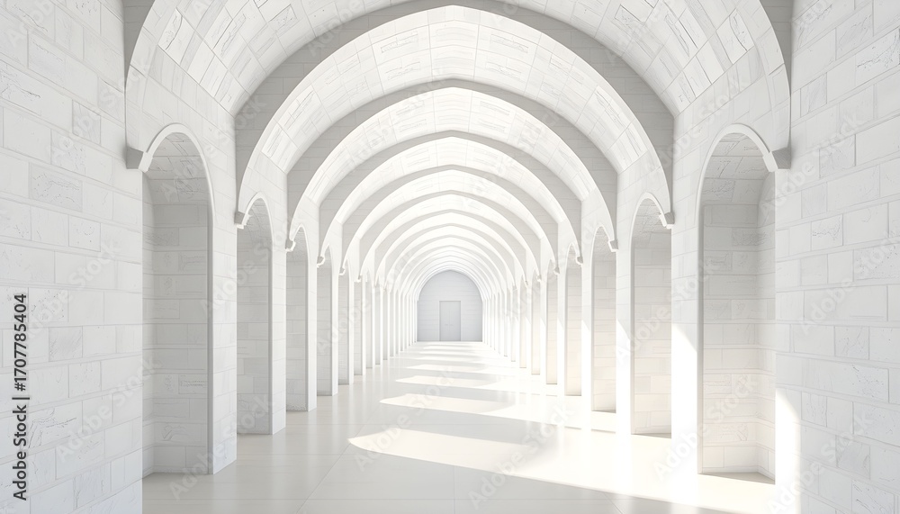 Fototapeta premium Long, white corridor with arched ceilings and bright light shining from the end, creating a sense of depth and perspective.