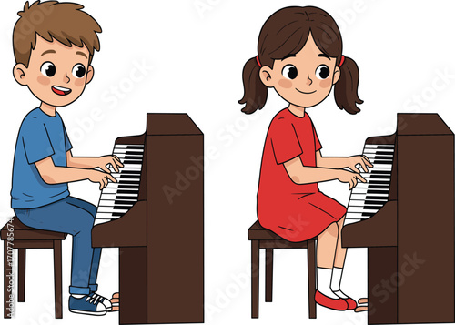 Cartoon children playing upright pianos, music lesson scene with happy boy and girl, musical education, indoor activity, vector illustration