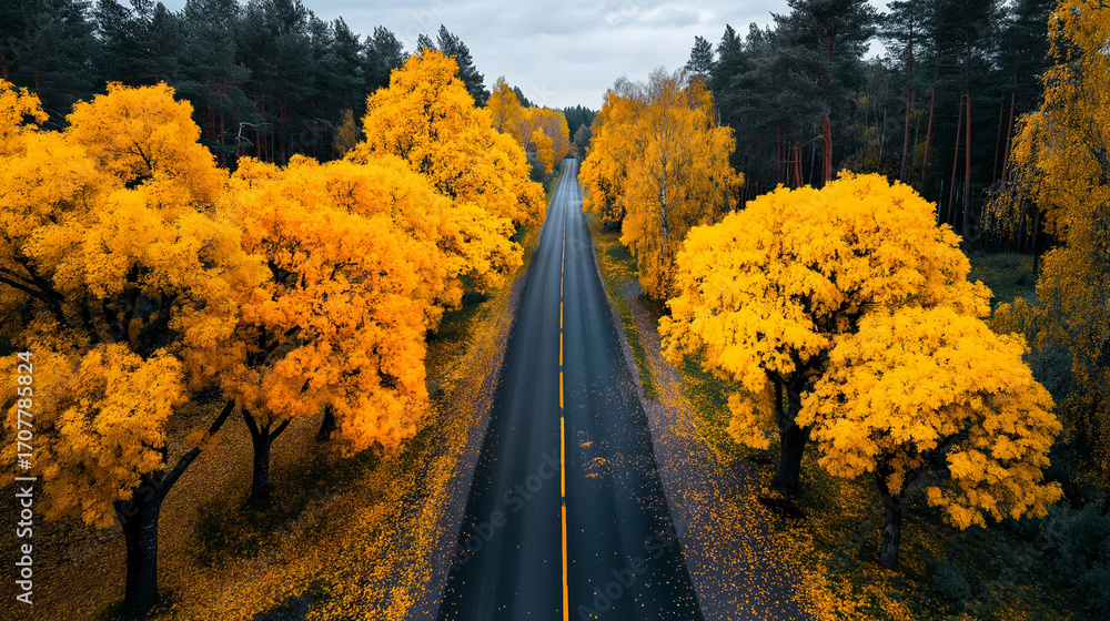 Fototapeta premium Aerial view of road surrounded by autumn trees with yellow leaves 