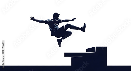 Silhouette of a man performing a parkour jump over steps, showcasing athleticism and dynamic movement.