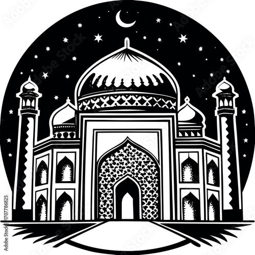 Ornate mosque structure under starry night sky with crescent moon building architecture