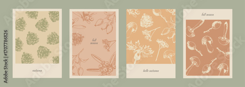 Set of autumn poster in sketch style. Modern template for cover, card, social media