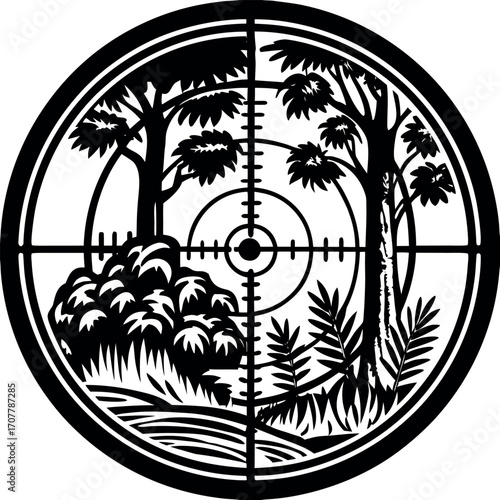Sniper scope view of dense forest foliage and trees reticle crosshairs