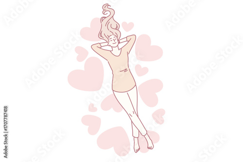 Heart, love and positive emotions concept. Young smiling woman cartoon character lying enjoying warm feelings over heap of hearts vector illustration