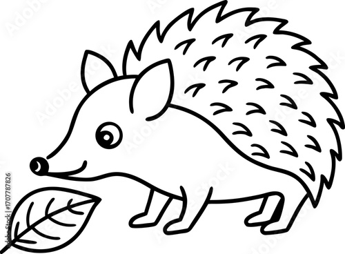 Hedgehog Sniffing Leaves Playful Whimsical Vector, Sniffing Hedgehog Line Art Vector, Minimal Hedgehog Illustration, Hedgehog Outline Vector