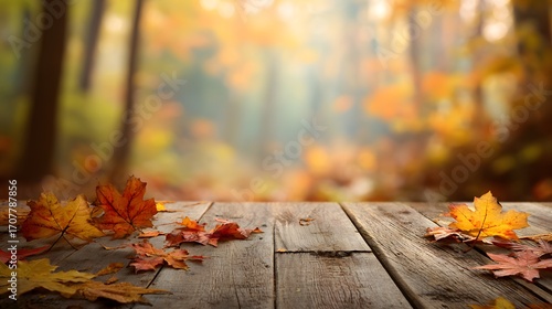 Autumn table with orange leaves on wooden planks in the forest