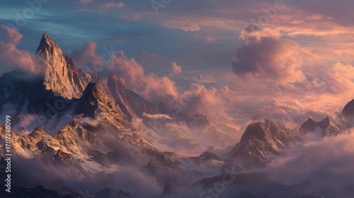 Vivid sunset over rocky, cloud-covered mountains