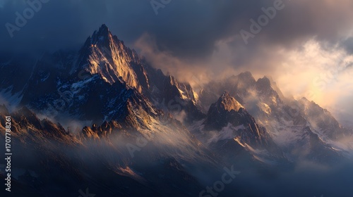 Vivid sunset over rocky, cloud-covered mountains