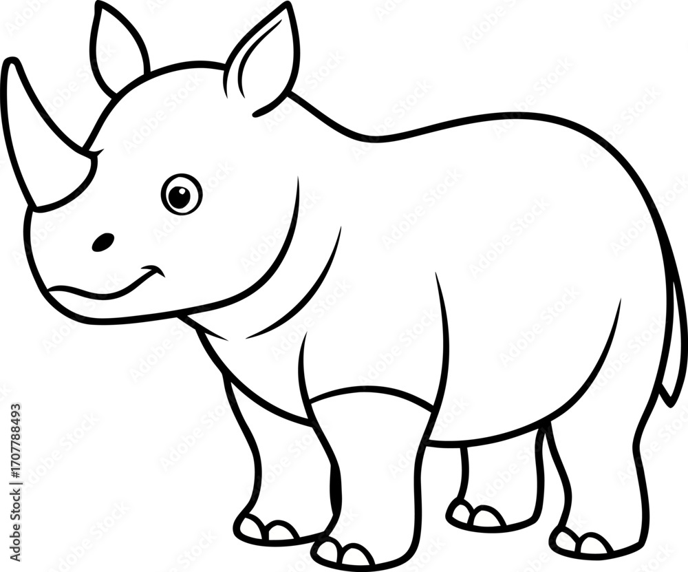 Fototapeta premium Cute Baby Rhino Standing Minimalist Line Art Vector, Adorable Wildlife Illustration