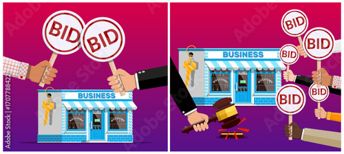 Auction process for a small business shop. Hands holding bid paddles and gavel hitting sound block for sale or property purchase.