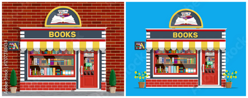 Bookstore front with awning and display window showing books. Flat style building facade for local business concept or education.