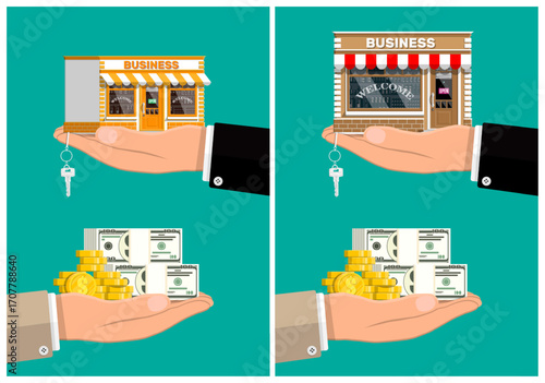 Man hand holding key to business building, woman hand holding stacks of money. Investment deal for real estate and commerce.
