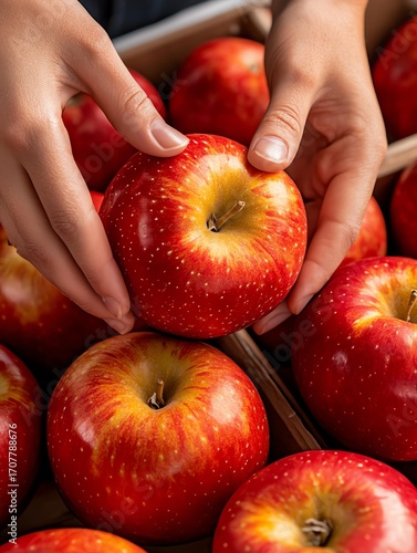 Fresh red apples in hands for selection.