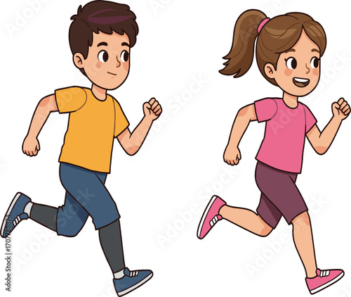 Cartoon children running outdoors, active kids exercise illustration, healthy lifestyle vector for fitness, sports, movement, and children’s physical activity content