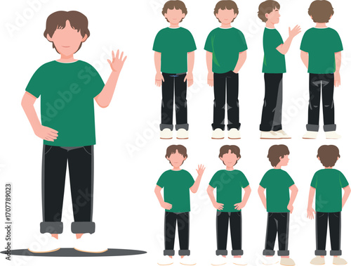 Editable Vector Illustration of a Boy in a Green Tee Cheerfully Waving a Friendly Greeting in Multiple Perspectives.
