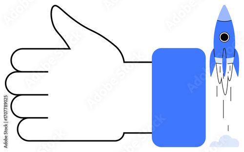 Thumbs-up symbol with a blue rocket blasting off, highlighting progress, achievement, and acceleration. Ideal for success, innovation, support, motivation growth productivity simplification. Bold