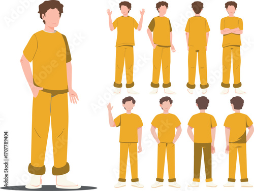 Editable Vector Illustration of a Young Man in a Yellow Suit Striking Different Poses Showcasing Diverse Interactions on a Clean White Background.
