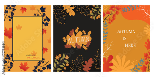 Collection of Autumn mobile  wallpaper  background bright vibrant social media poster, banner, cover, card, story , with yellow and orange leaves. modern autumn greeting card template.