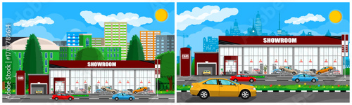 Car showroom building with many automobiles. Automobile dealership exterior view with vehicles. Sale, rental, repair service concept.