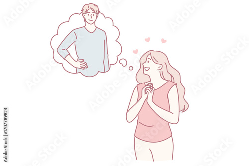 Feeling in love and romance concept. Young smiling female cartoon character standing feeling in love dreaming of her boyfriend vector illustration