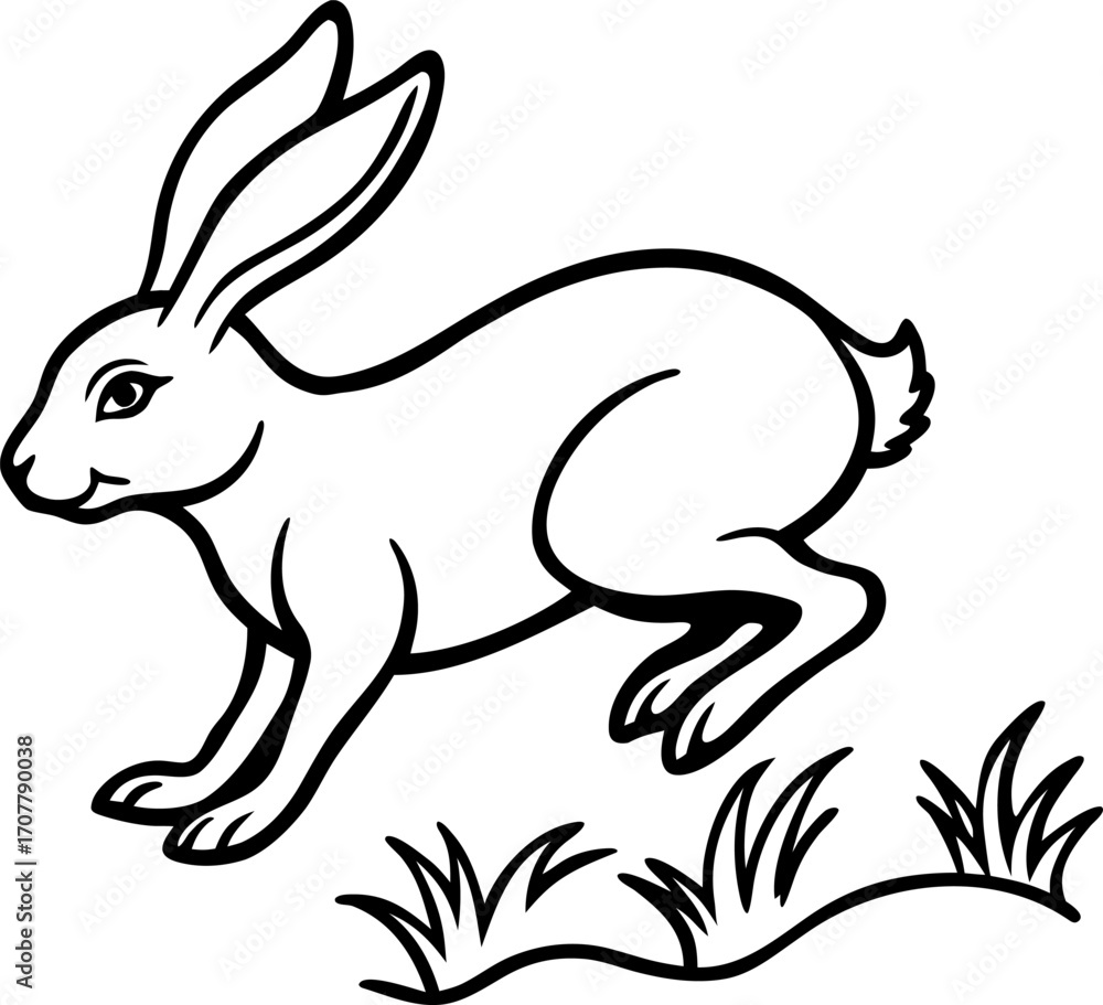 Obraz premium Rabbit Jumping Over Small Grass Simple Line Art Illustration, Minimalist Bunny Outline Vector