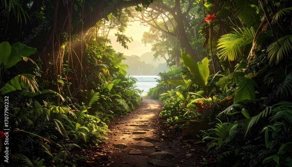 Fototapeta premium Lush Green Tropical Forest Path Leading to River with Sunlight Streaming Through Trees and Mossy Rocks Under a Bright Sky Outdoors Nature Landscape