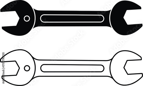 Pair of wrenches, one solid black, one outlined, symbolizing repair and tools