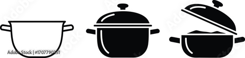 Set of three cooking pots with lids, showing open and closed options for culinary preparation