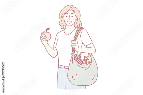 Healthy eating and lifestyle concept. Young smiling woman cartoon character standing with shopping bag full of fresh fruits after market vector illustration
