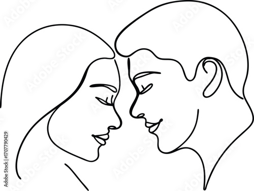 Couple Faces Single Line Drawing Vector, Romantic Couple One Line Art Vector