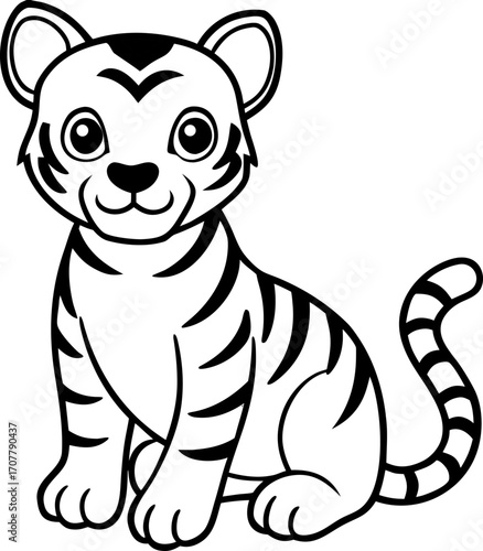 Cute Tiger Cub Sitting with Stripes, Playful Minimalist Animal Vector Illustration, Adorable Baby Tiger Design, Creative Wildlife Cartoon Concept