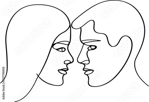 Couple Faces Single Line Drawing Vector, Romantic Couple One Line Art Vector