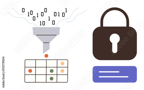 Binary data processed through a funnel into a grid structure with encryption lock. Ideal for cybersecurity, big data, data analysis, privacy, machine learning, secure systems, and digital safety