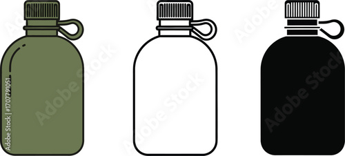Collection of three canteen style water bottles in different colors: green, white, and black