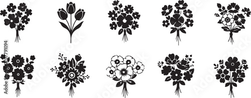 Floral Harmony: A collection of elegant bouquets, each a symphony of intricate petals and graceful stems, artfully arranged and captured in captivating monochrome elegance.