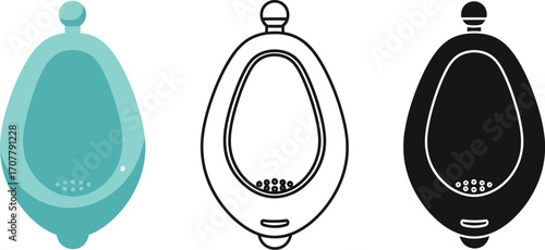 Set of three urinals in different styles: teal, outline, and black silhouette for design concepts.