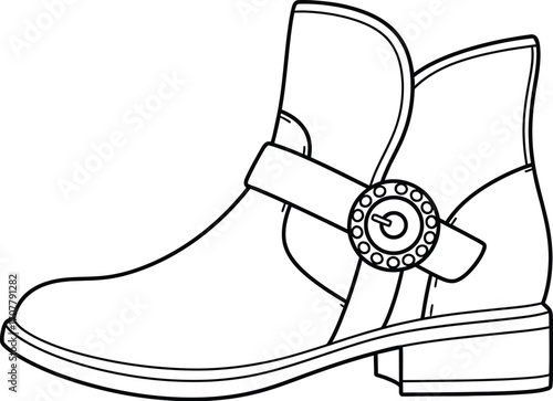 Stylish ankle boot with decorative buckle and strap, presented as a clean line drawing.