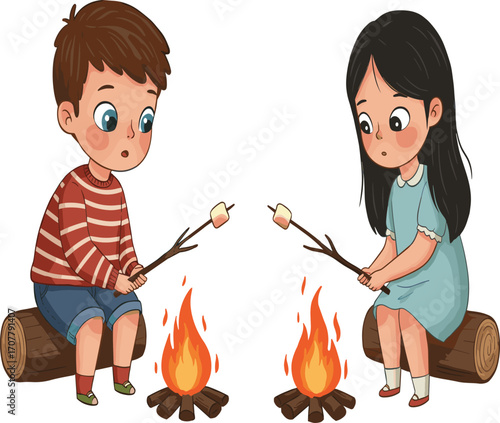 Cartoon kids roasting marshmallows at campfire, summer outdoor activity, camping fun, forest adventure, vector illustration for children’s content