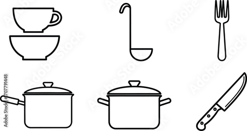 Collection of simple line art kitchen utensils and cookware