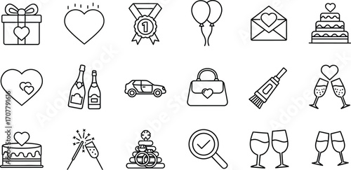 Celebration icons featuring wedding cake, champagne, gifts, and hearts for special occasions
